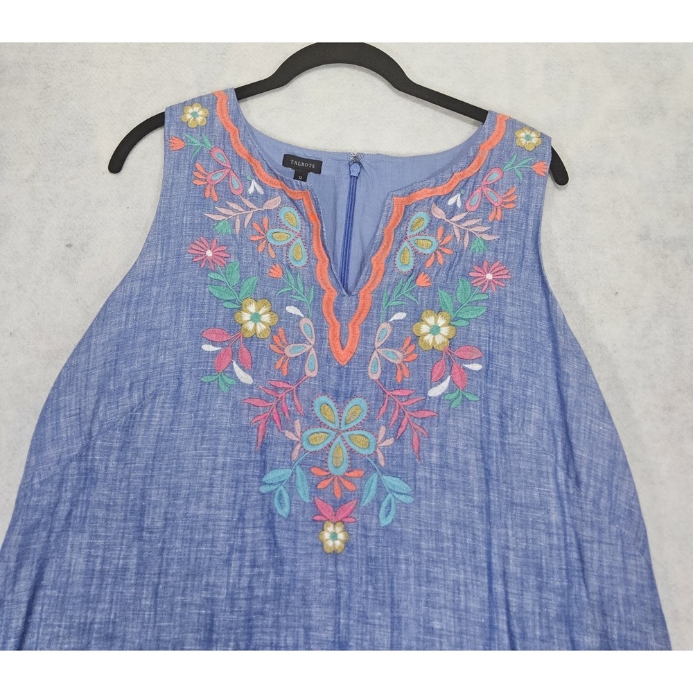 Talbots Linen Dress 12 Anokhi Shift Embroidered Midi Boho Floral Sleeveless Blue